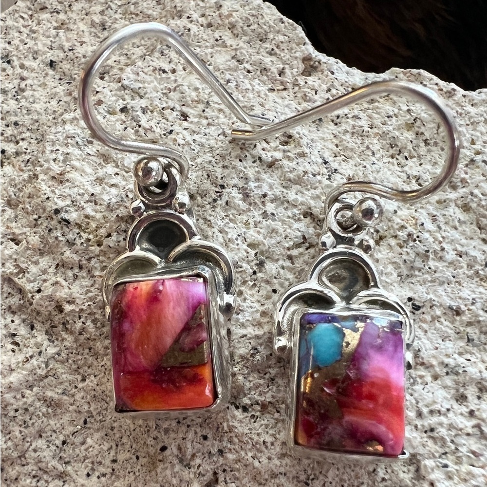 ❤️ Pink Spiny Oyster Dahlia Turquoise Sterling Silver Navajo Dangle Earrings 1”L